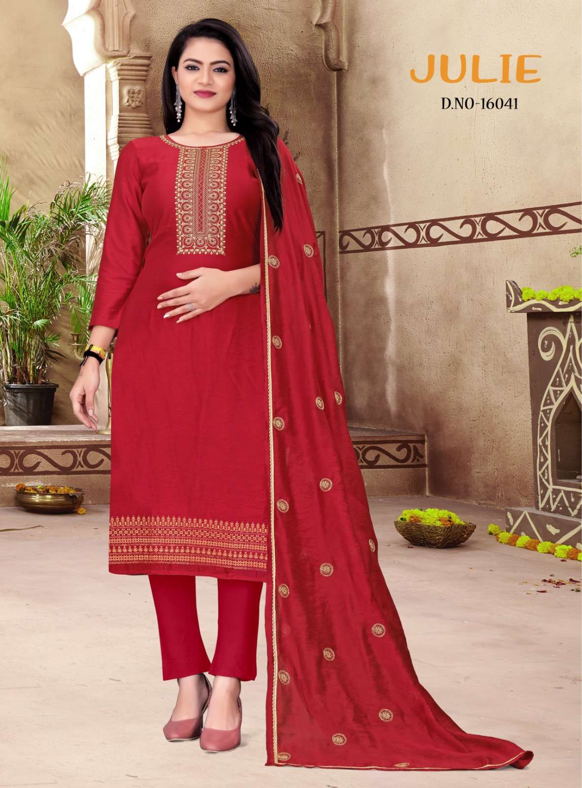 panch ratna julie 16041-16044 series muslin silk with work designer salwar kameez catalogue wholesaler surat 