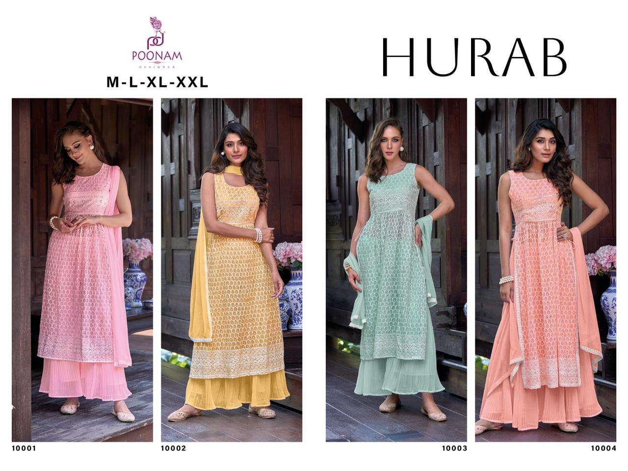 poonam designer hurab 10001-10004 series nayra kurti with sharara and dupatta latest catalogue surat 