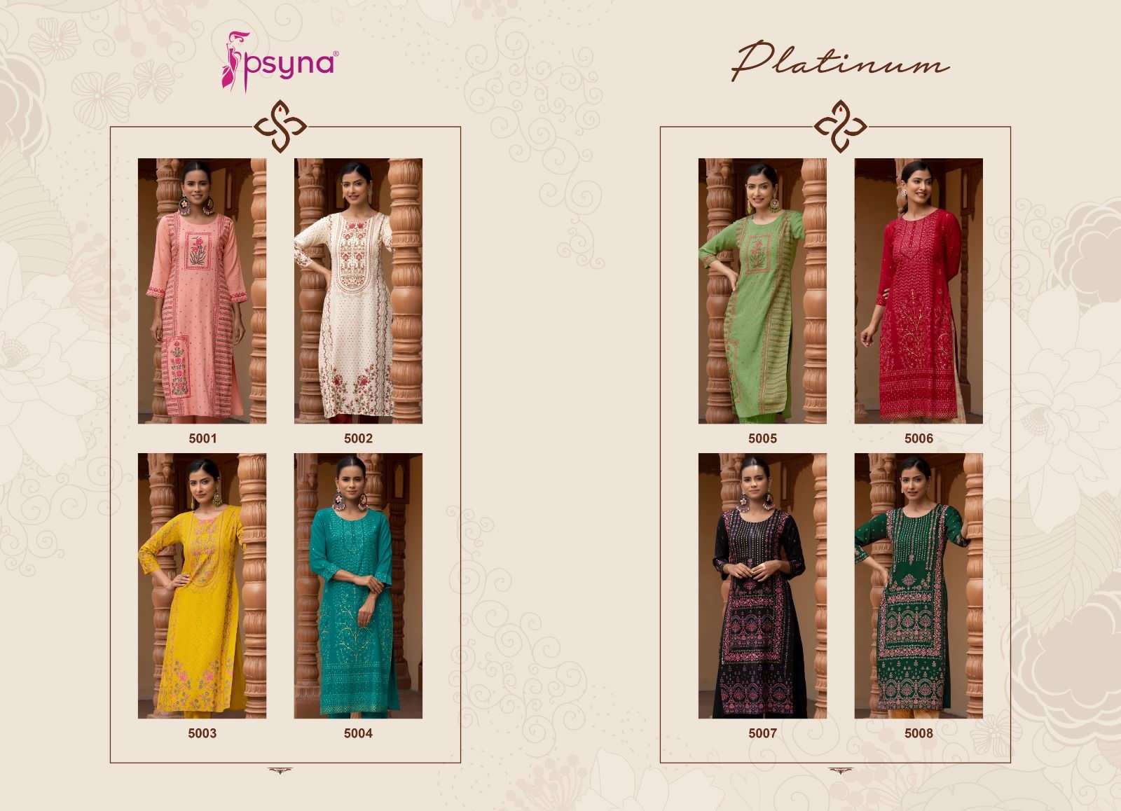 psyna platinum vol-5 5001-5008 series rayon designer kurtis catalogue wholesaler surat 