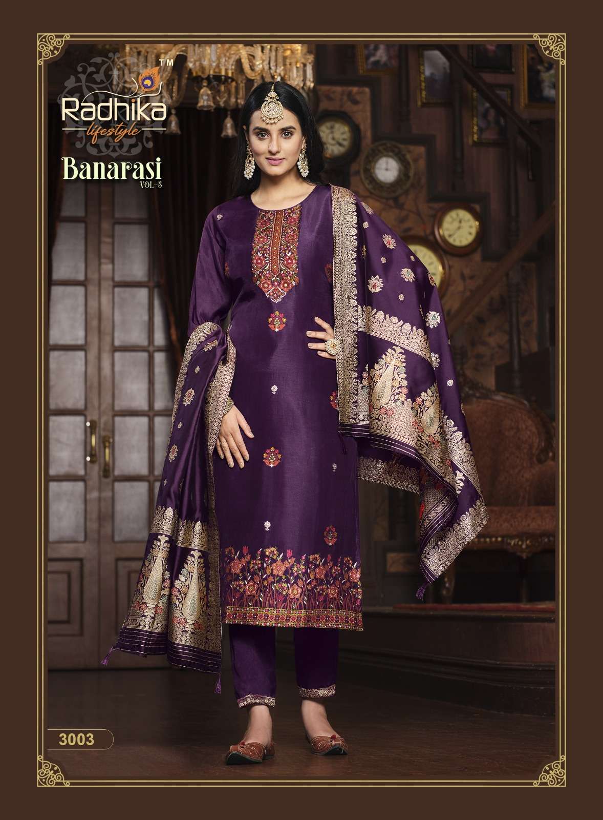 radhika lifestyle banarasi vol-3 3001-3006 series function special kurti pant with dupatta latest catalogue surat