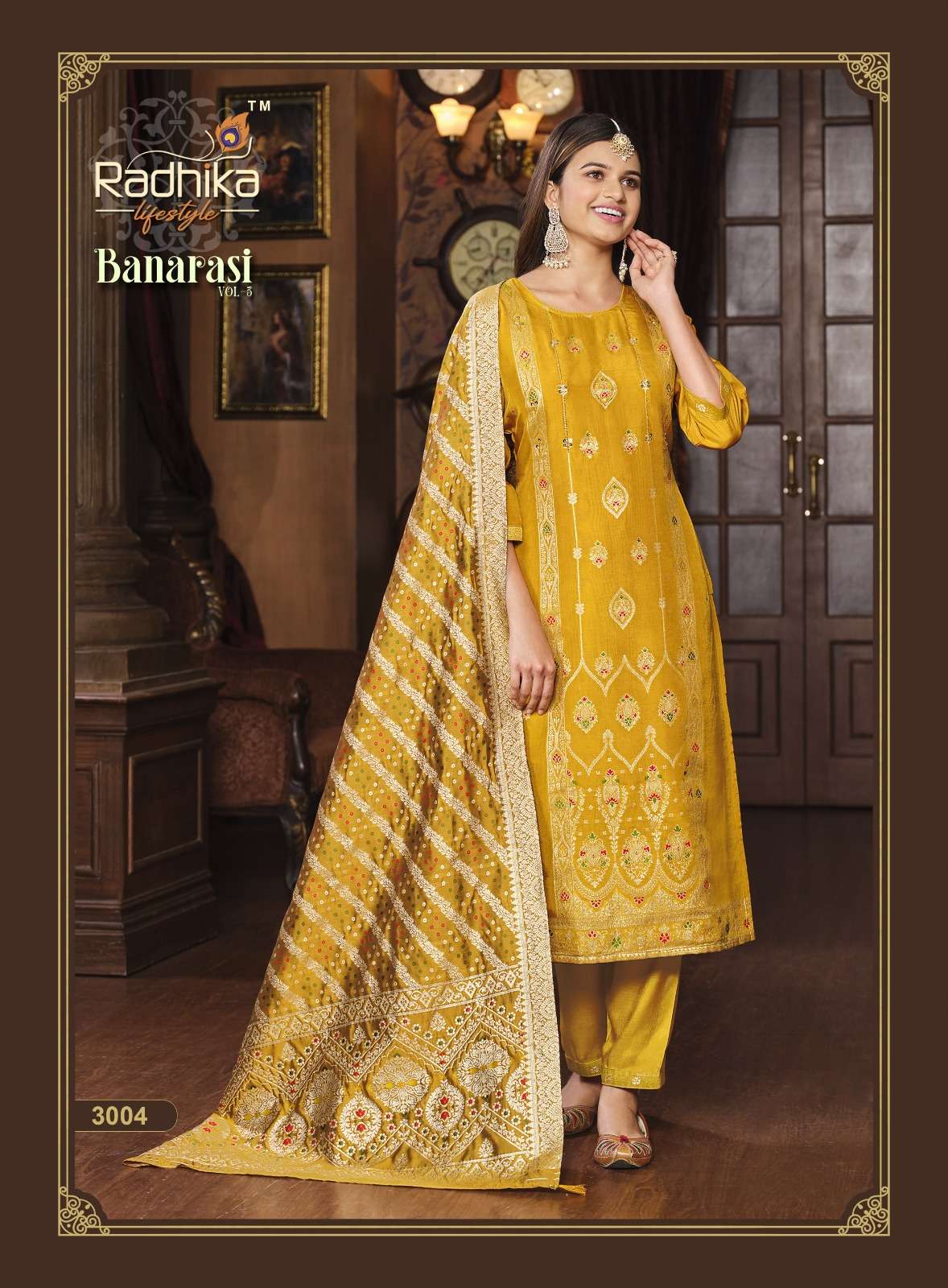 radhika lifestyle banarasi vol-3 3001-3006 series function special kurti pant with dupatta latest catalogue surat