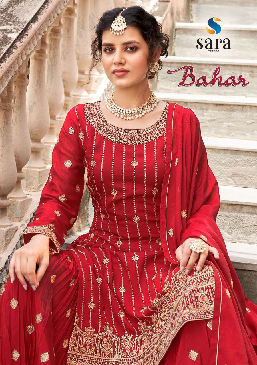 sara trendz bahar 3801-3804 series chinon with work designer salwar kameez catalogue manufacturer surat