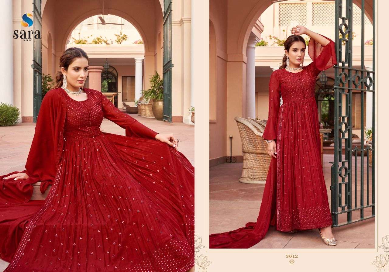sara trendz glamour 3011-3014 series designer chinon embroidred fully stiched naira cut party wear dress collection 