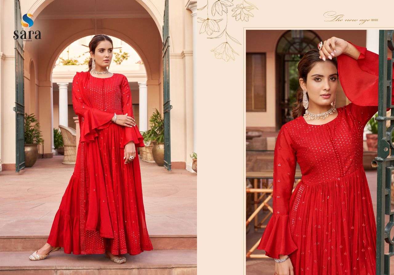 sara trendz glamour 3011-3014 series designer chinon embroidred fully stiched naira cut party wear dress collection 