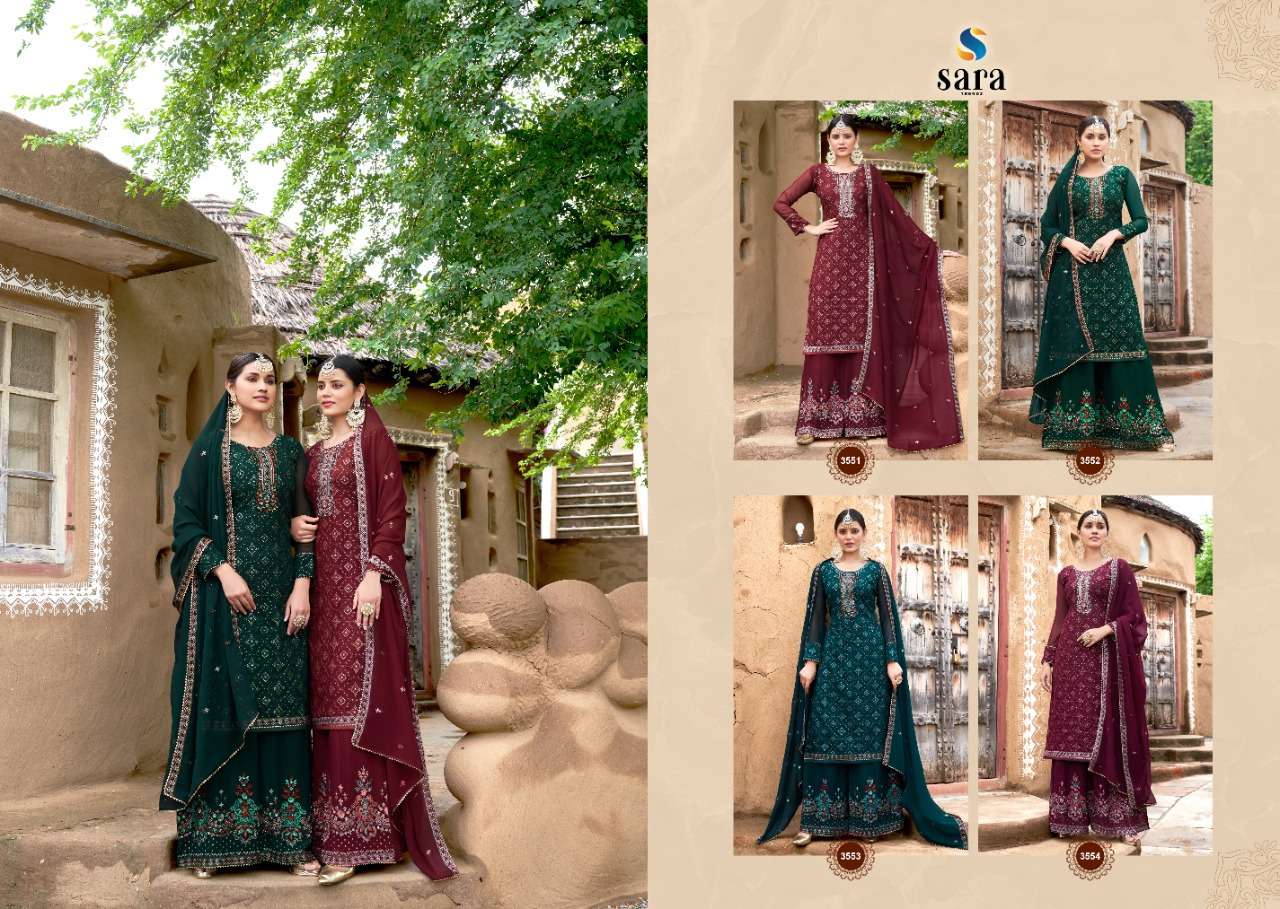 sara trendz niharika 3551-3554 series stylish designer top bottom with dupatta catalogue manufacturer surat