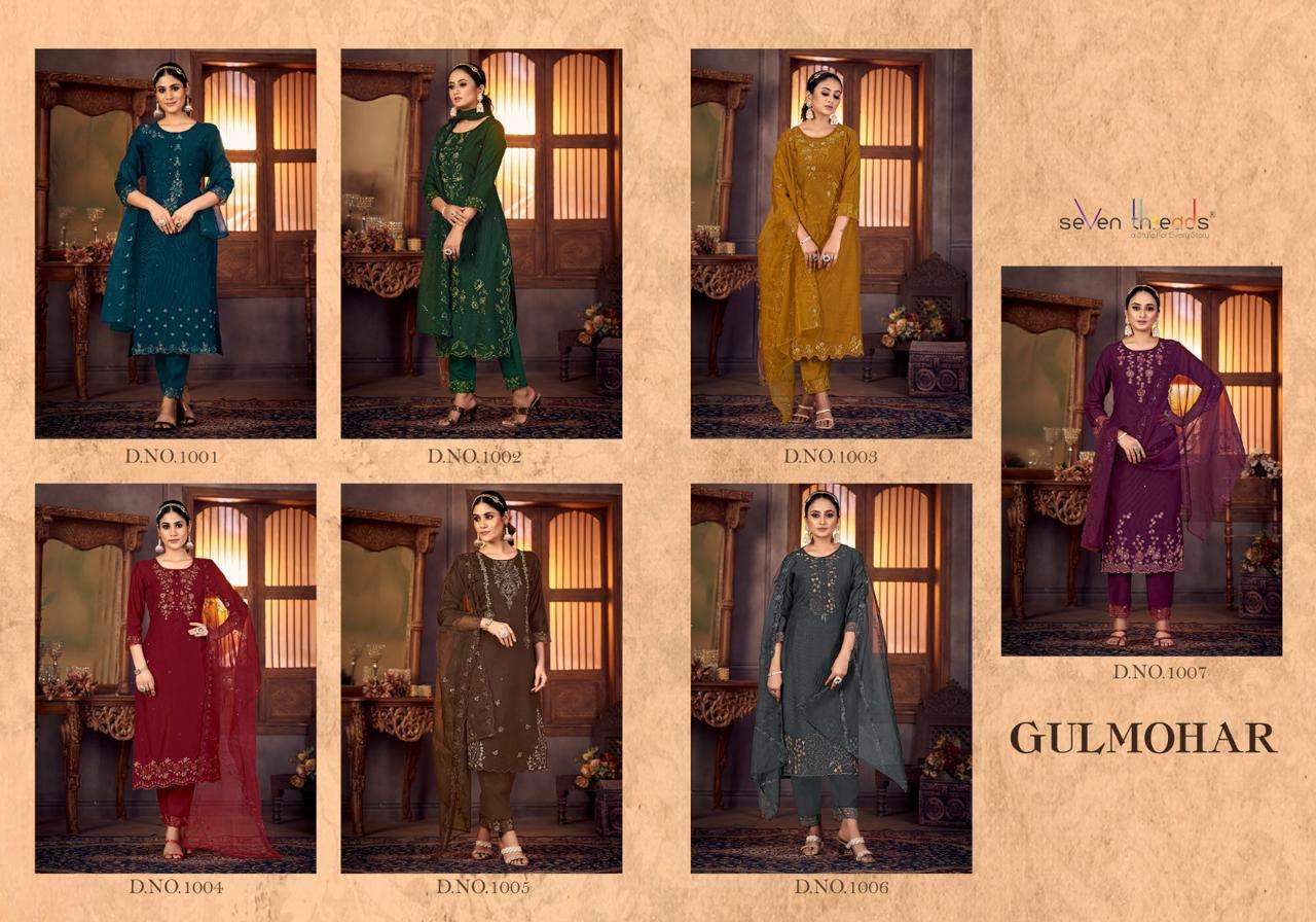 seven threads gulmohar 1001-1007 series viscose silk designer ready made party wear salwar kameez online shopping surat 