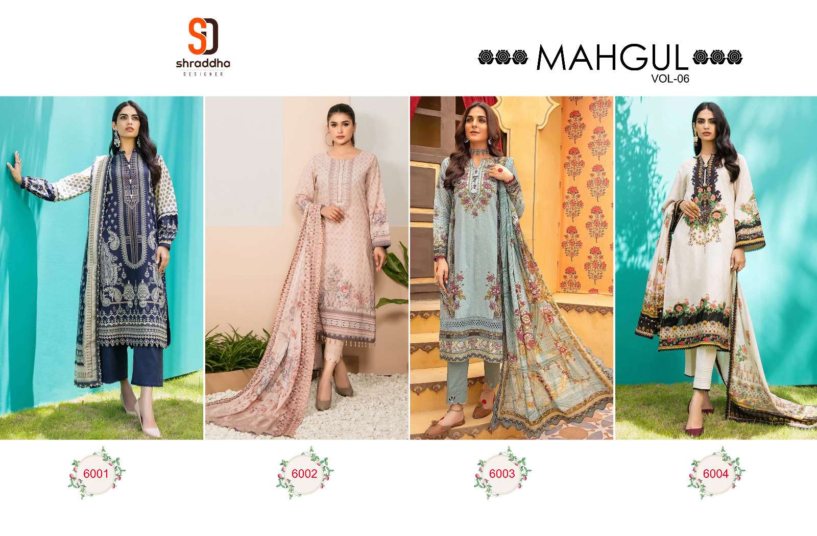 shraddha designer mahgul vol-6 6001-6004 series pakistani salwar kameez catalogue wholesale price surat