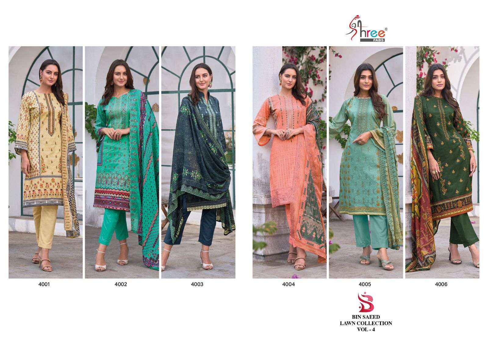 shree fabs bin saeed vol-4 4001-4006 series pakistani salwar kameez catalogue design 2023 