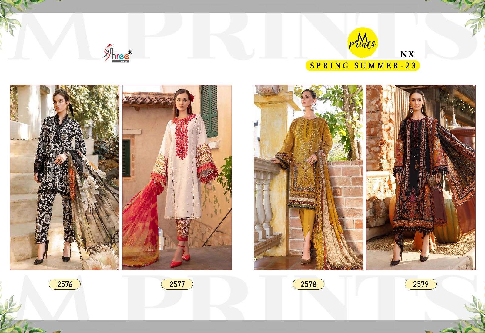 shree fabs m prints spring summer vol 1 nx 2576-2579 series pakistani salwar kameez catalogue wholesaler surat 