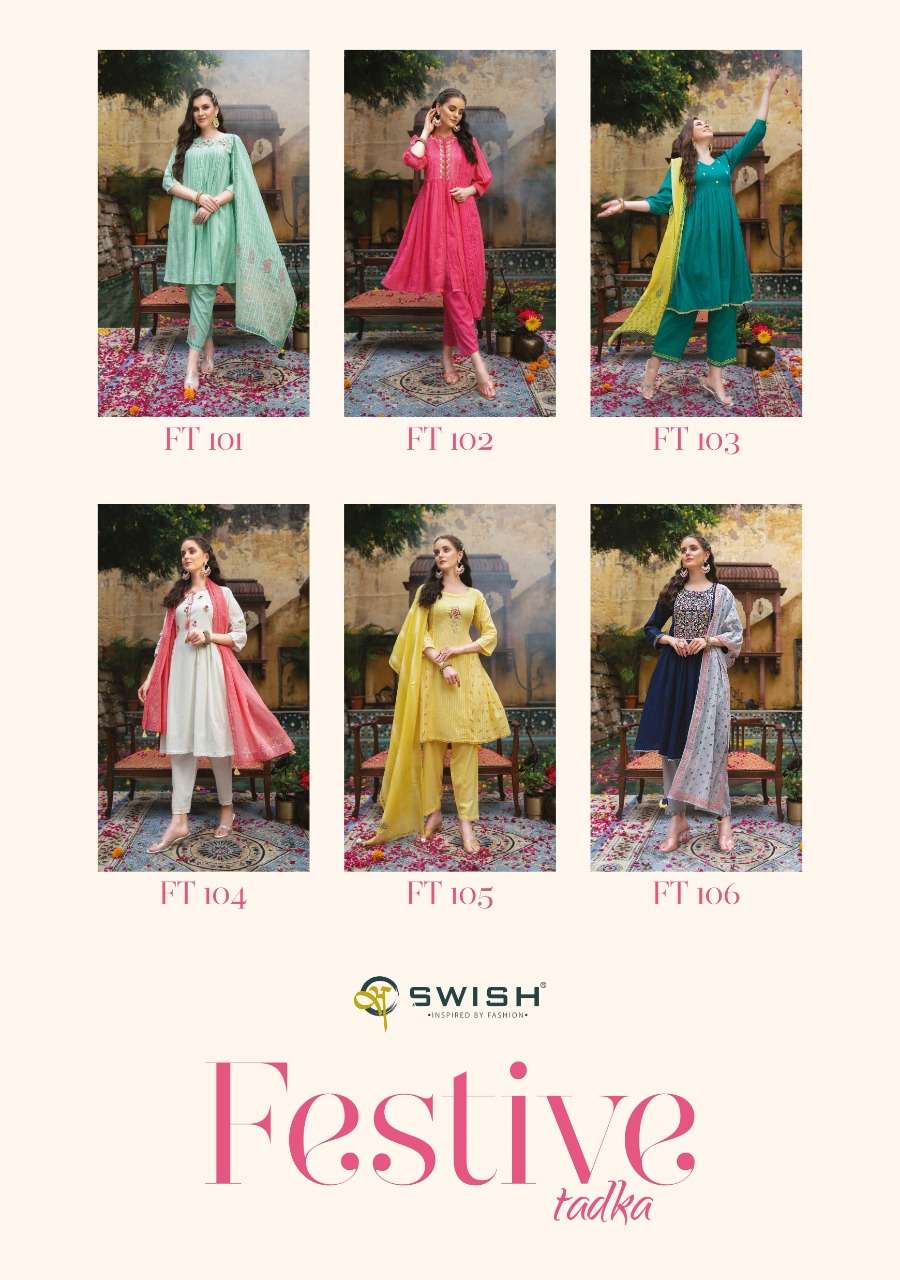 swish festive tadka 101-106 series trendy designer kurtis catalogue online supplier surat