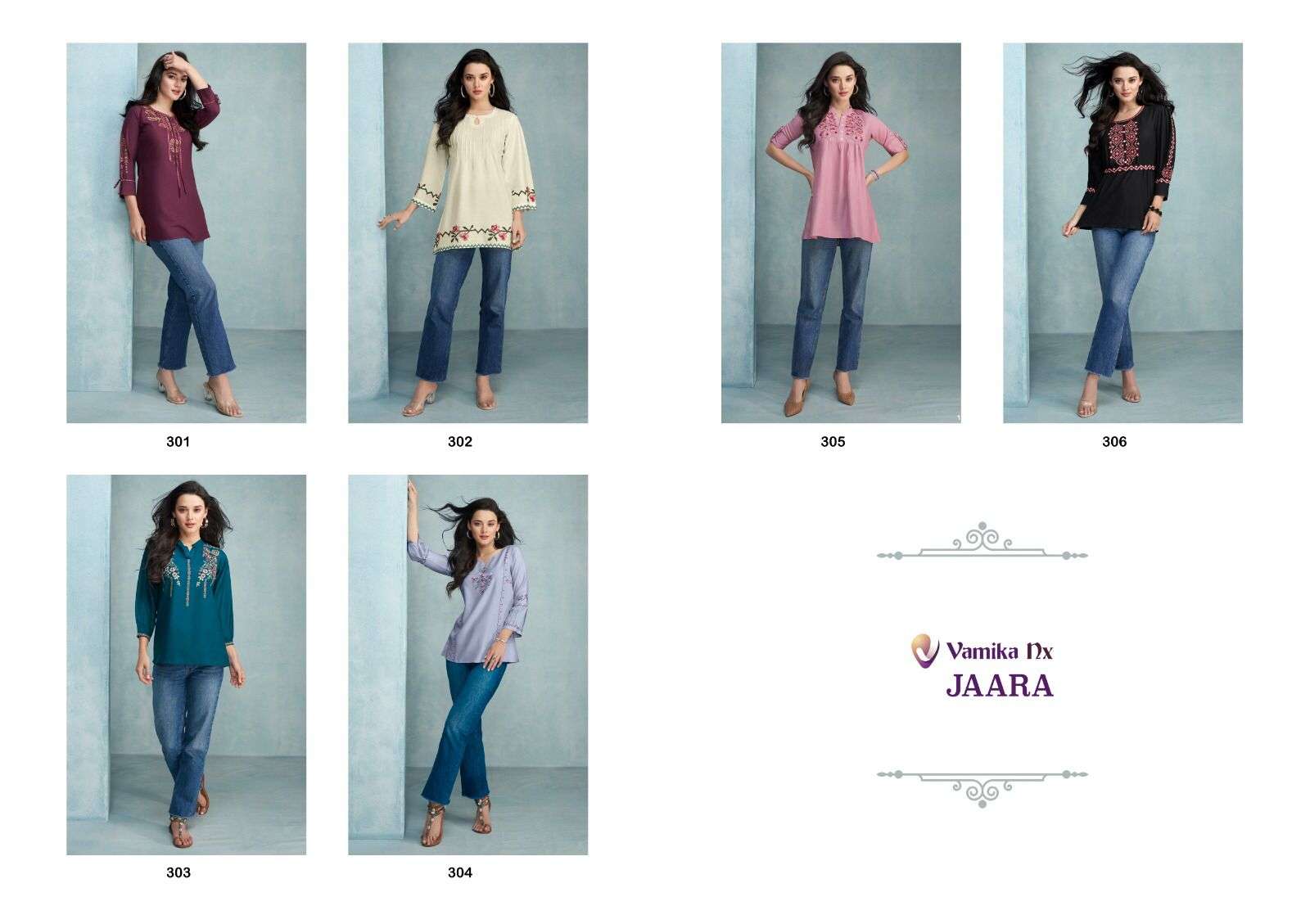 vamika jaara 301-306 series stylish designer shorts tops catalogue design 2023
