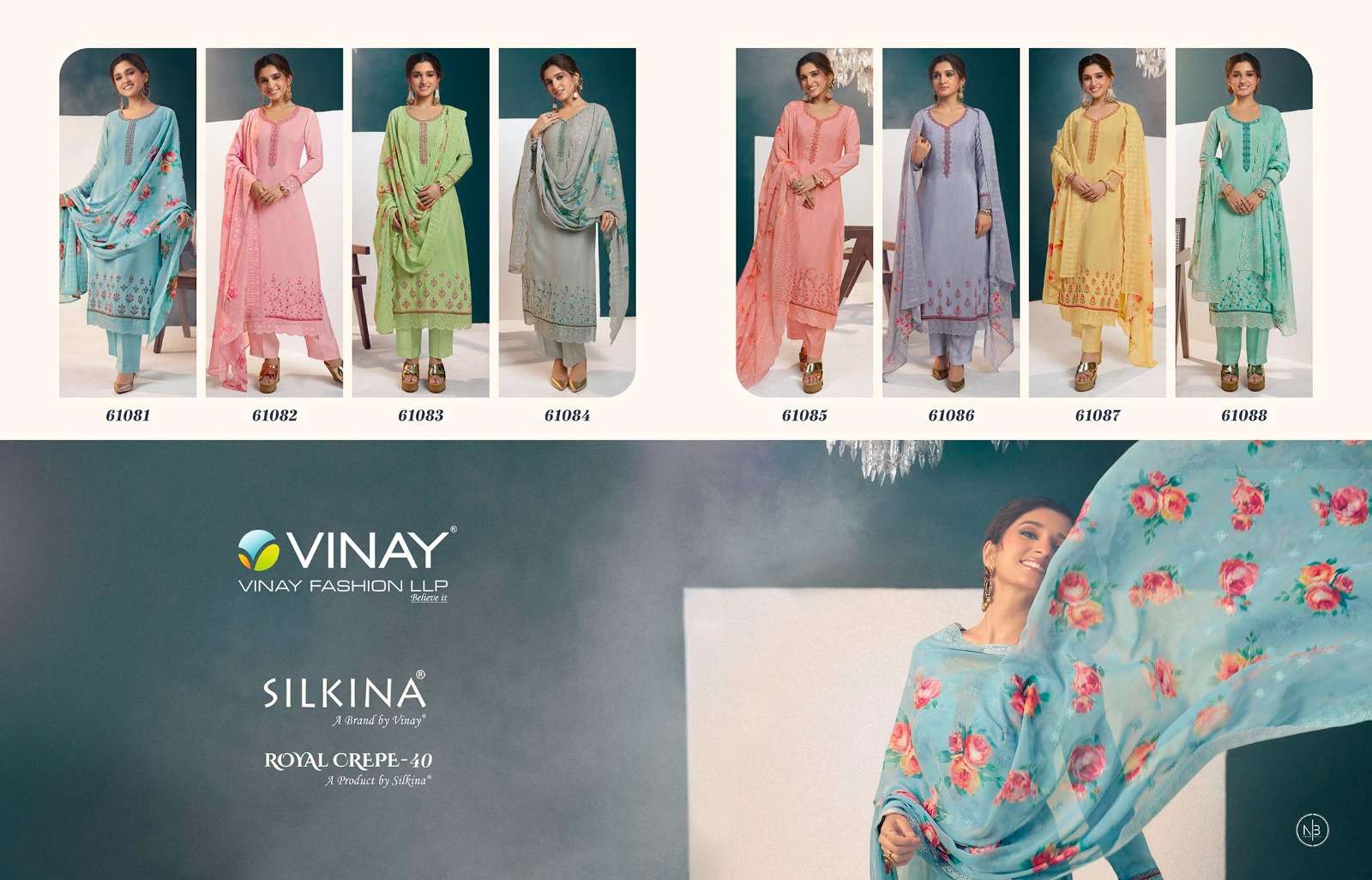 vinay fashion royal crepe vol-40 61081-61088 series exclusive designer salwar kameez catalogue manufacturer surat