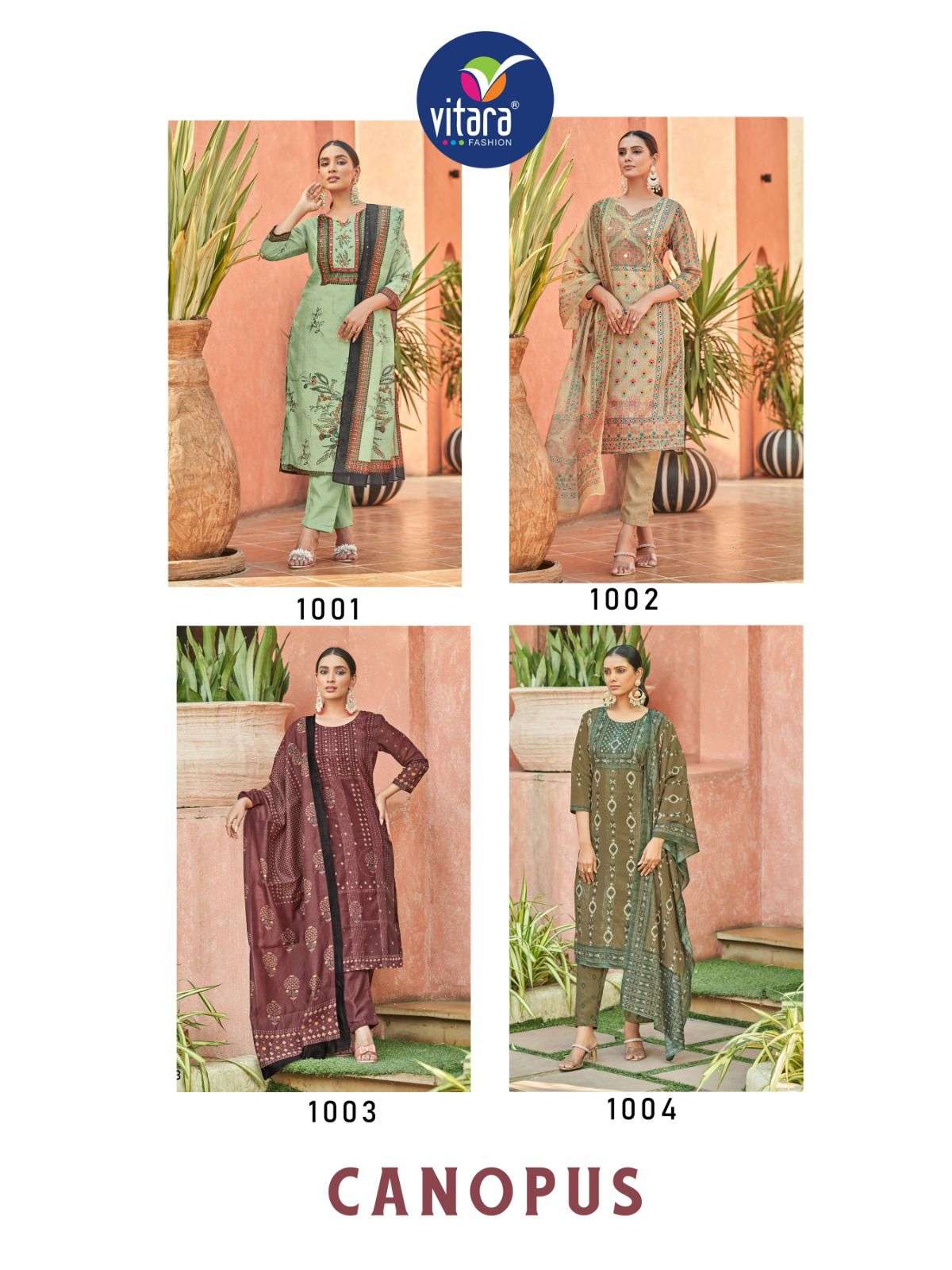 vitara fashion canopus 1001-1004 series trendy designer top bottom with dupatta latest catalogue surat 