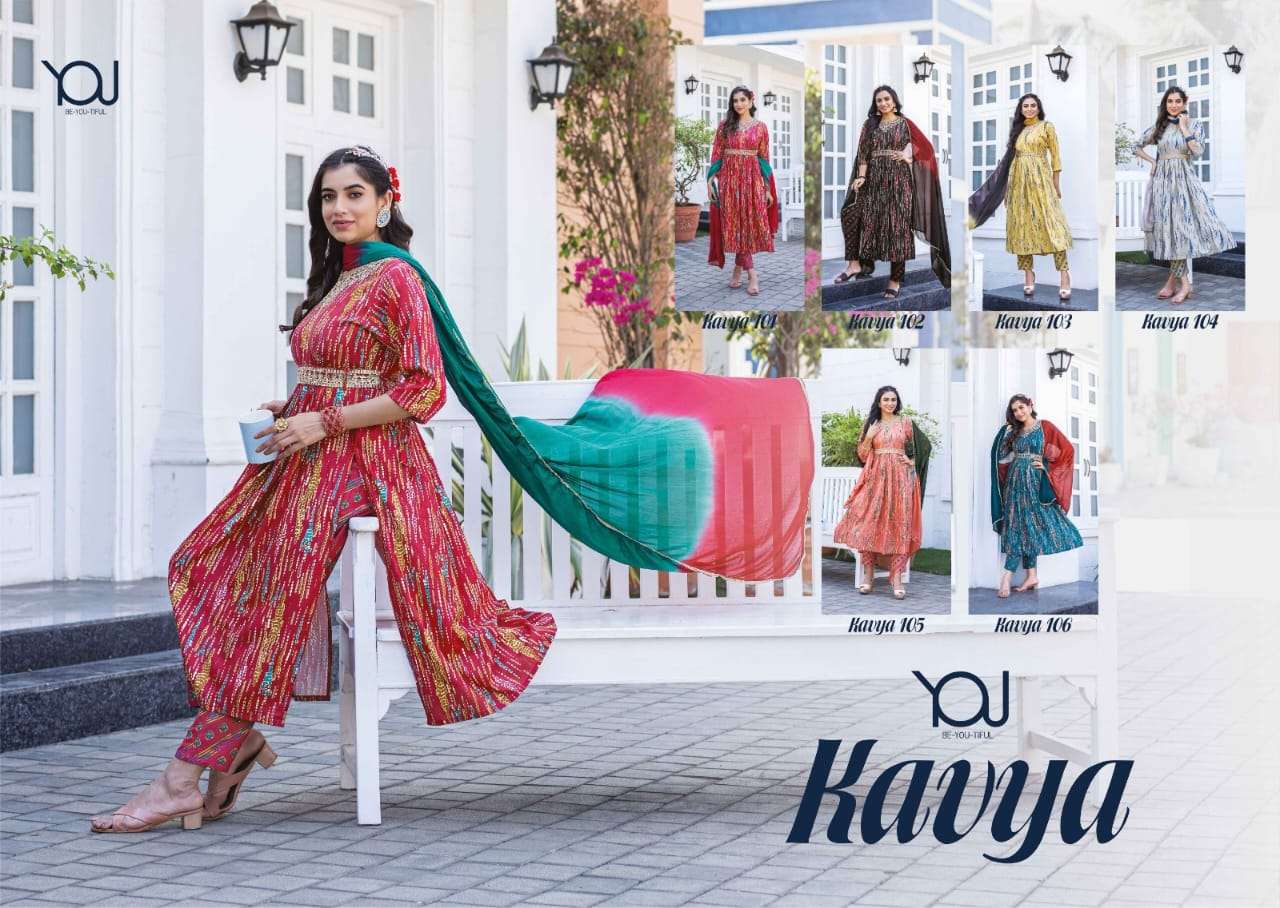 wanna kavya 101-106 series fancy pure cotton naira kurti with pant and dupatta catalogue surat 