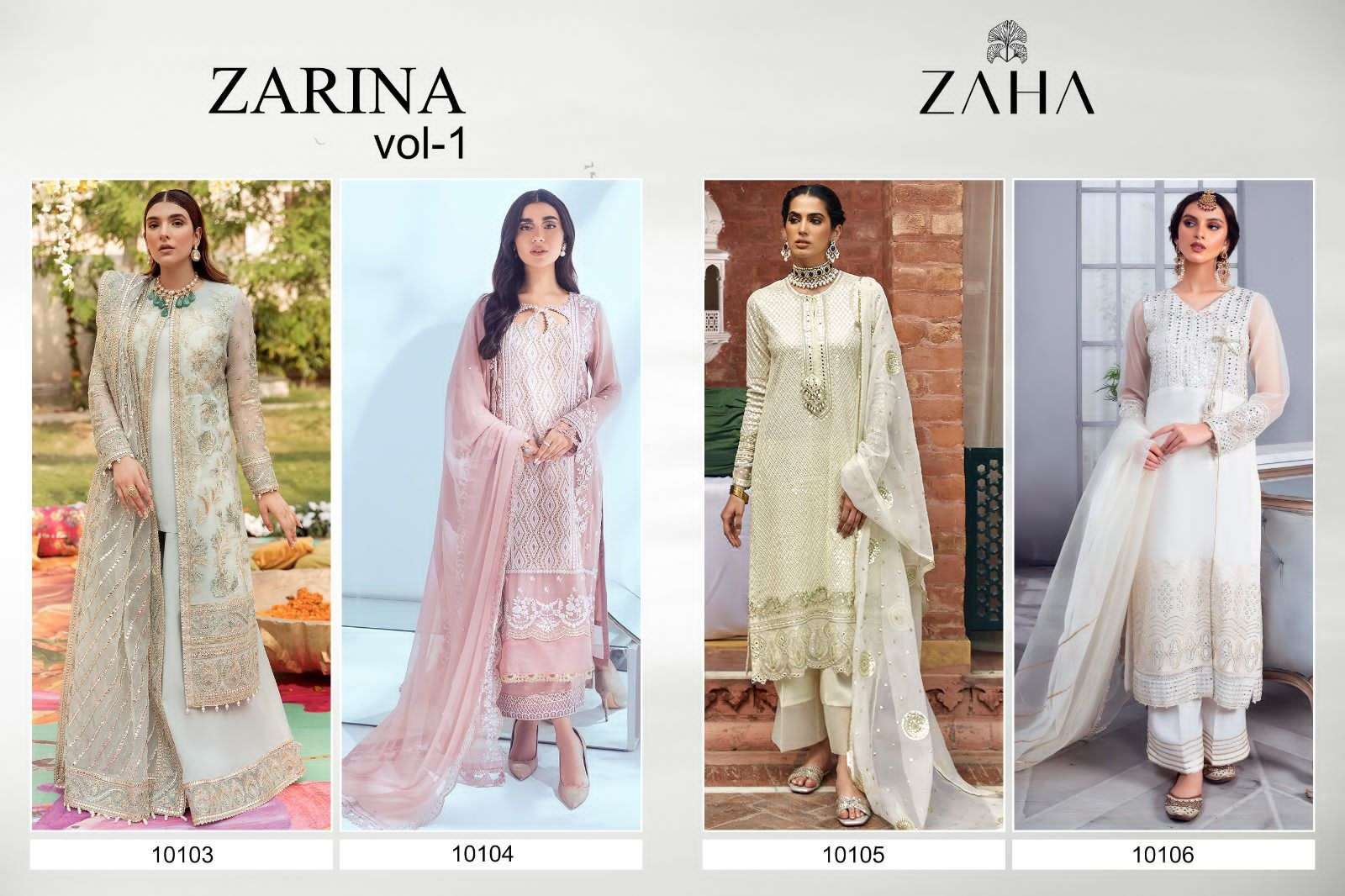 zaha zarina vol-1 10103-10106 series stylish look designer pakistani salwar suits catalogue wholesaler surat 