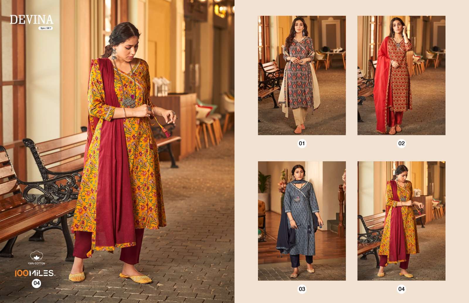 100 miles devina 01-04 series stylish kurti pant with dupatta catalogue online dealer surat 