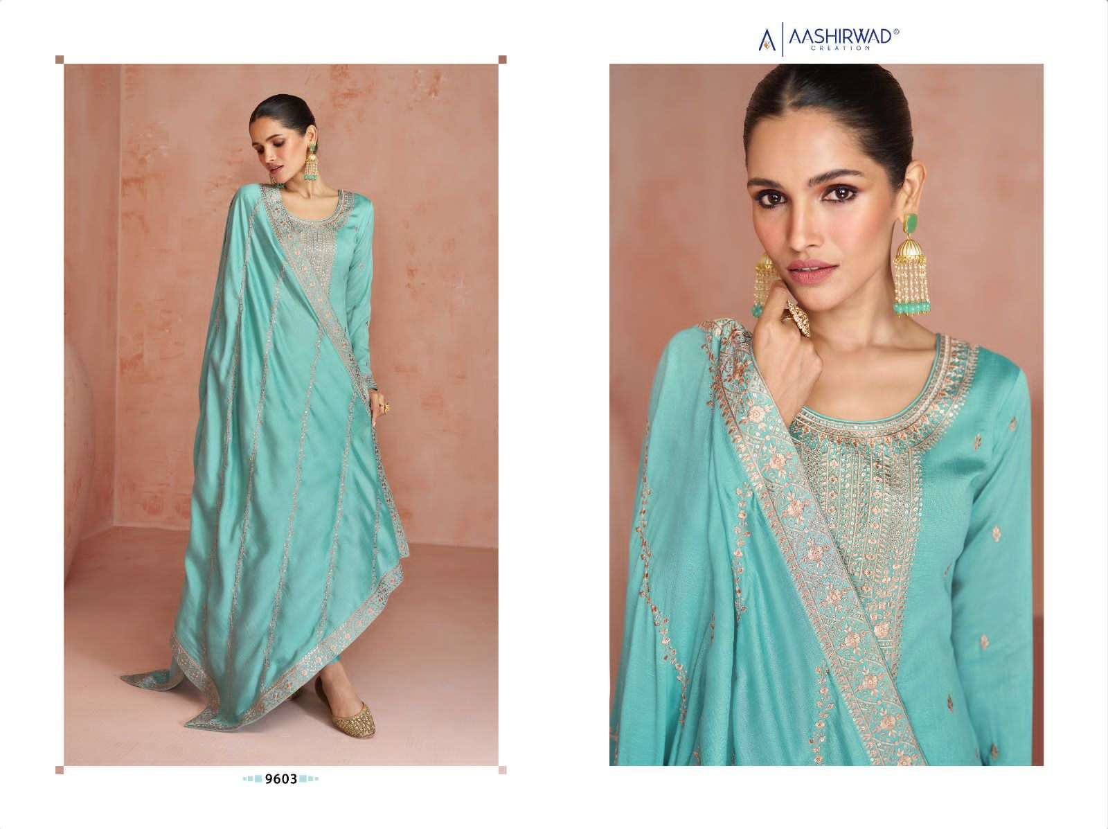 aashirwad creation coco 9602-9606 series party wear designer salwar suits latest collection surat