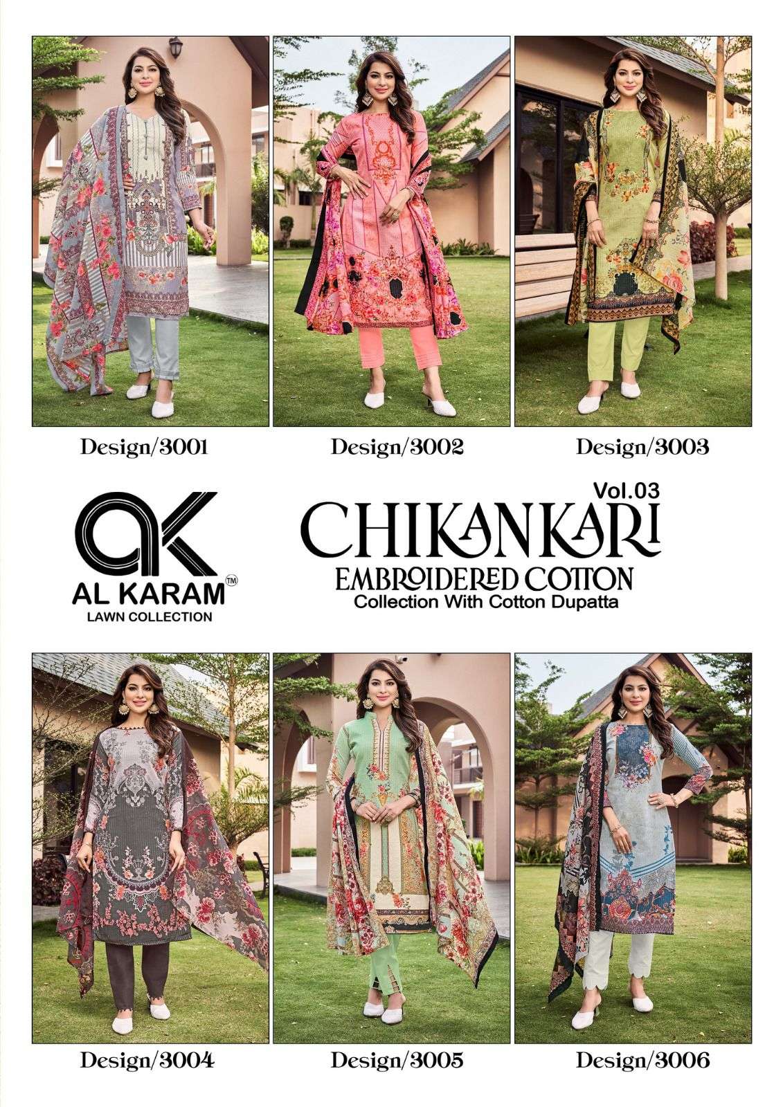 al karam chikankari vol-3 3001-3006 series unstich salwar kameez catalogue wholesale price surat