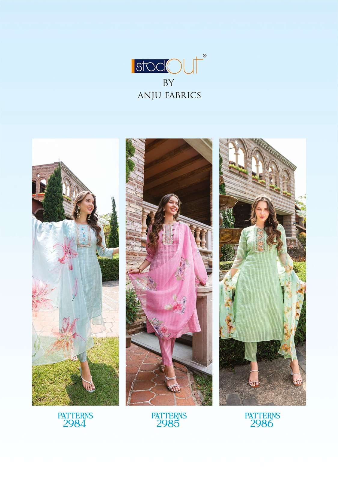 anju fab patterns 2981-2986 series designer kurtis bottom with dupatta collection wholesale price 
