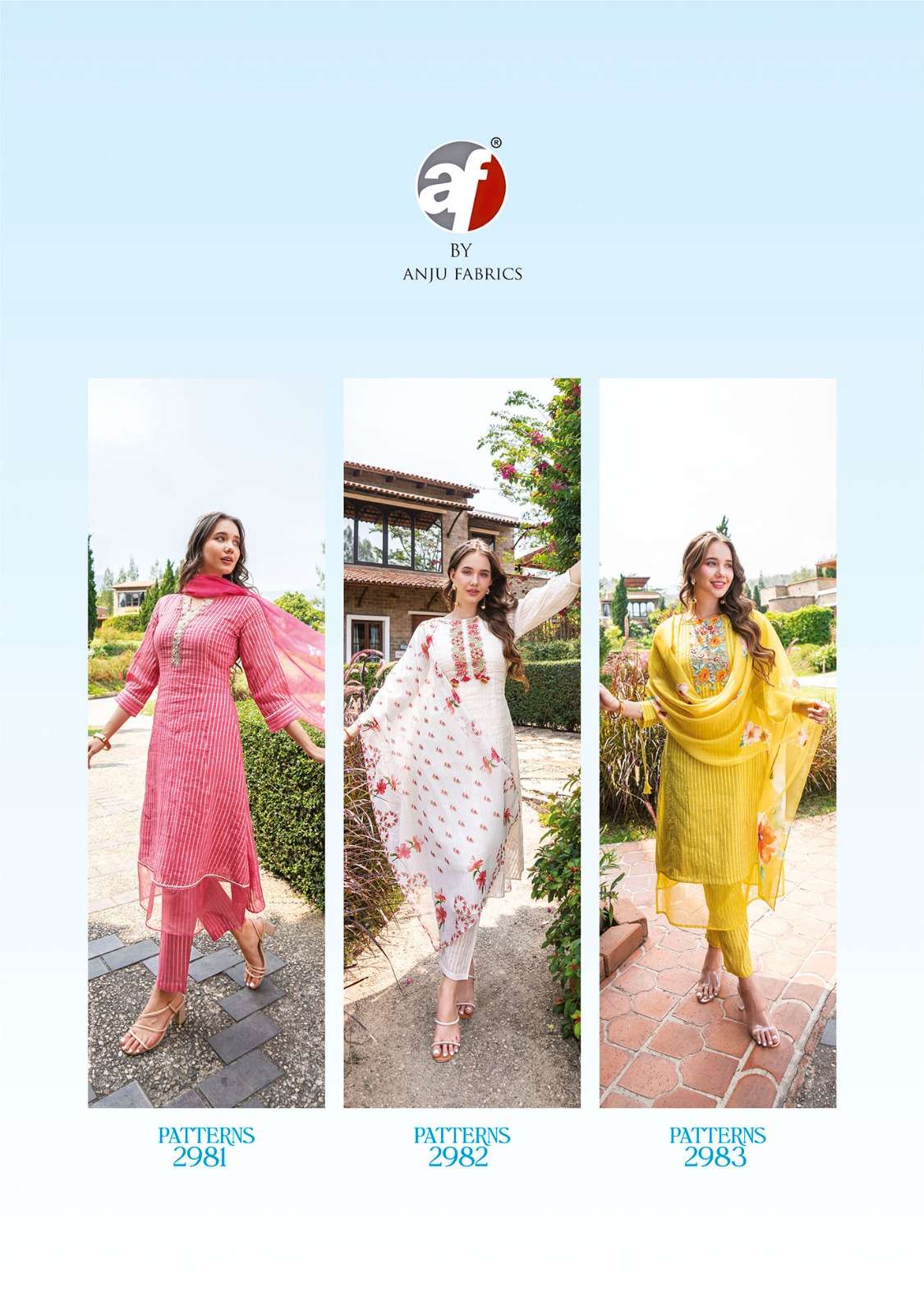 anju fab patterns 2981-2986 series designer kurtis bottom with dupatta collection wholesale price 