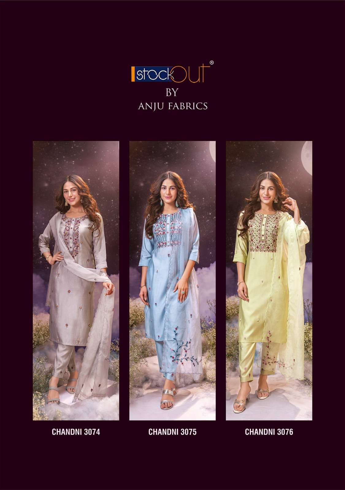 anju fabrics chandni 3071-3076 series stylish designer kurti pant with dupatta catalogue design 2023 