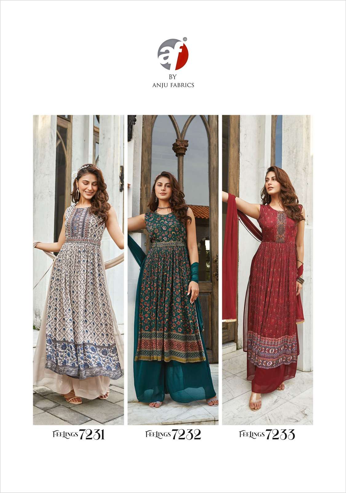 anju fabrics feelings vol-2 7231-7236 series stylish look designer kurtis catalogue design 2023 
