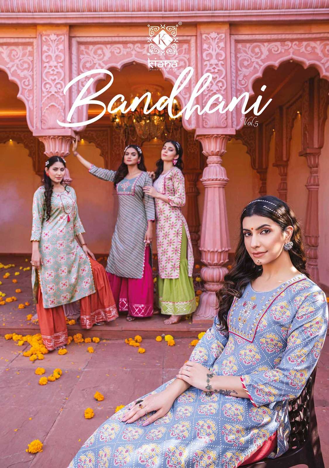 bandhani vol 5 by kiana designer 501-507 series gotta patti stich reyon kurti palzzo set to set catalogue 