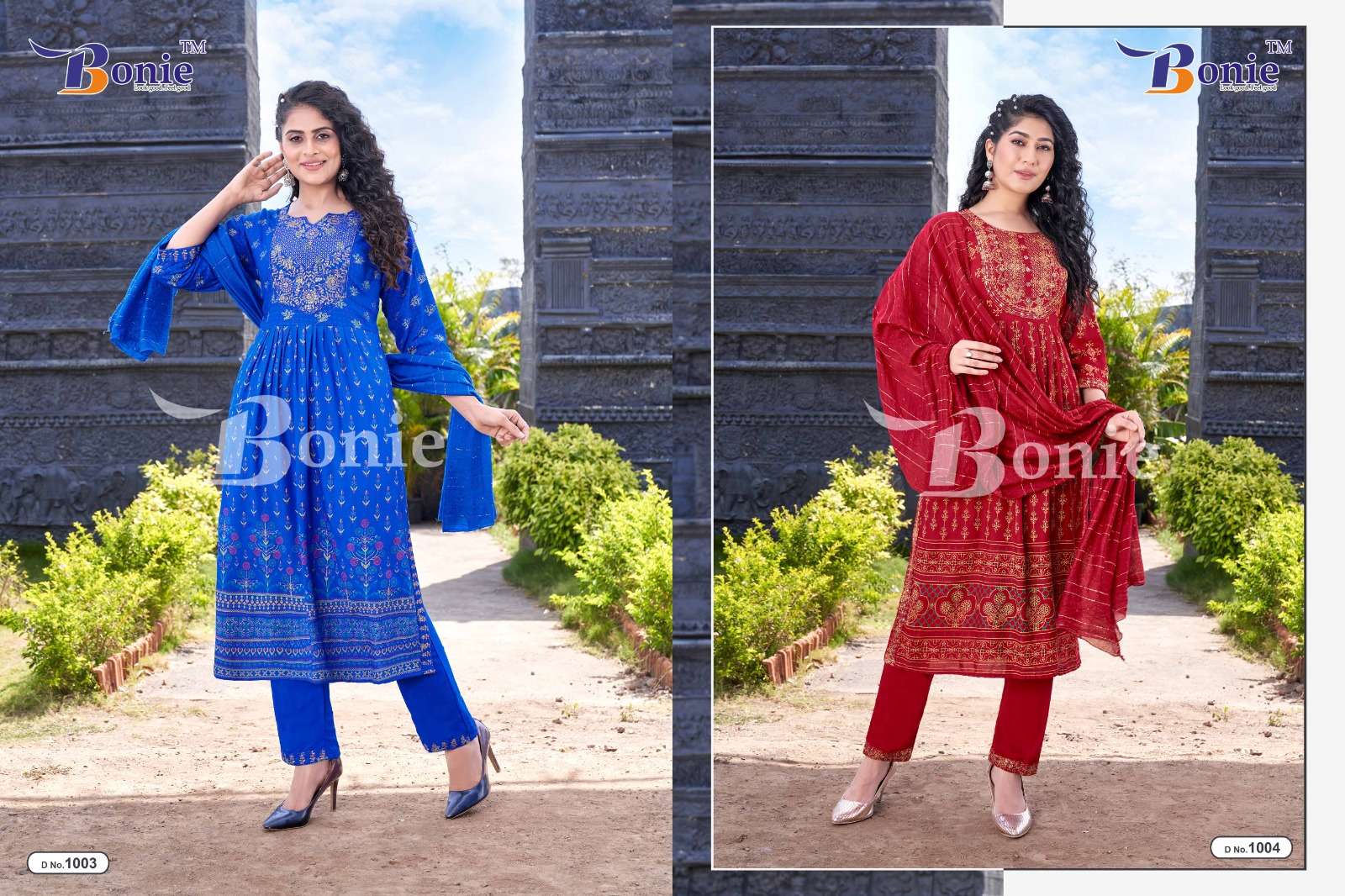 bonie aakruti rayon nayra designer kurtis pant with dupatta set wholesale price surat