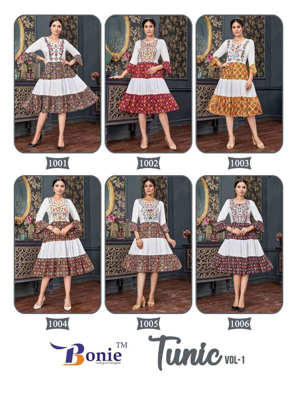bonie tunic vol-1 1001-1006 series trendy designer kurtis catalogue wholesale price surat 