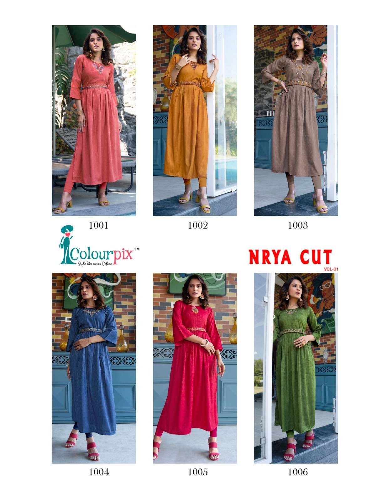 colourpix nrya cut vol-1 1001-1006 series heavy fancy viscose rayon designer kurtis catalogue collection 2023