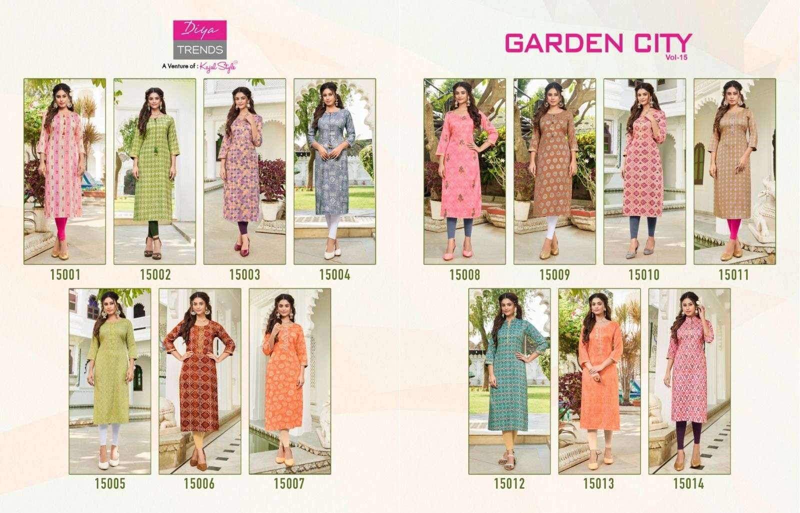 diya trends garden city vol 15 15001-15014 series reyon designer special kurti collection online best price surat 