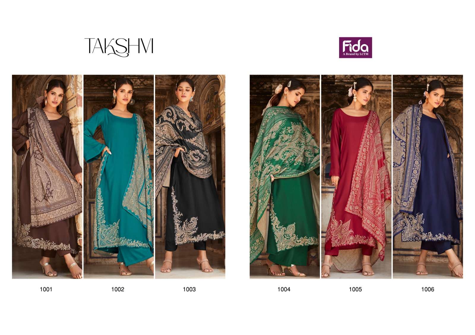 fida takshvi 1001-1006 series fancy designer dress material latest catalogue in surat 