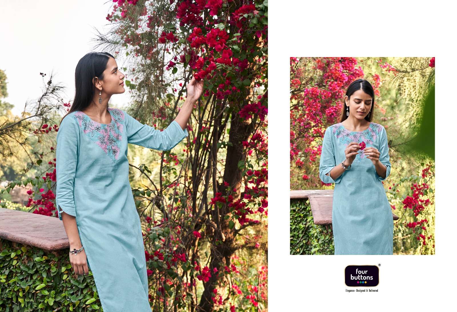 four button raina pure cotton fancy embroidered kurtis collection wholesale price 