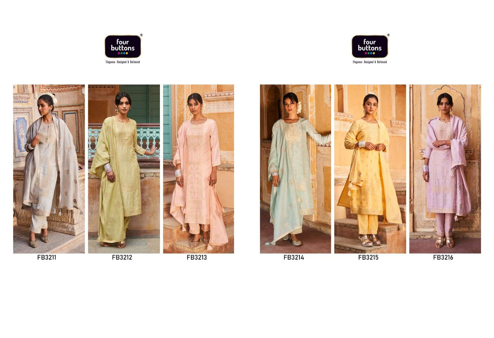 four buttons arzoo 3211-3216 series stylish designer kurti bottom with dupatta catalogue online market surat 