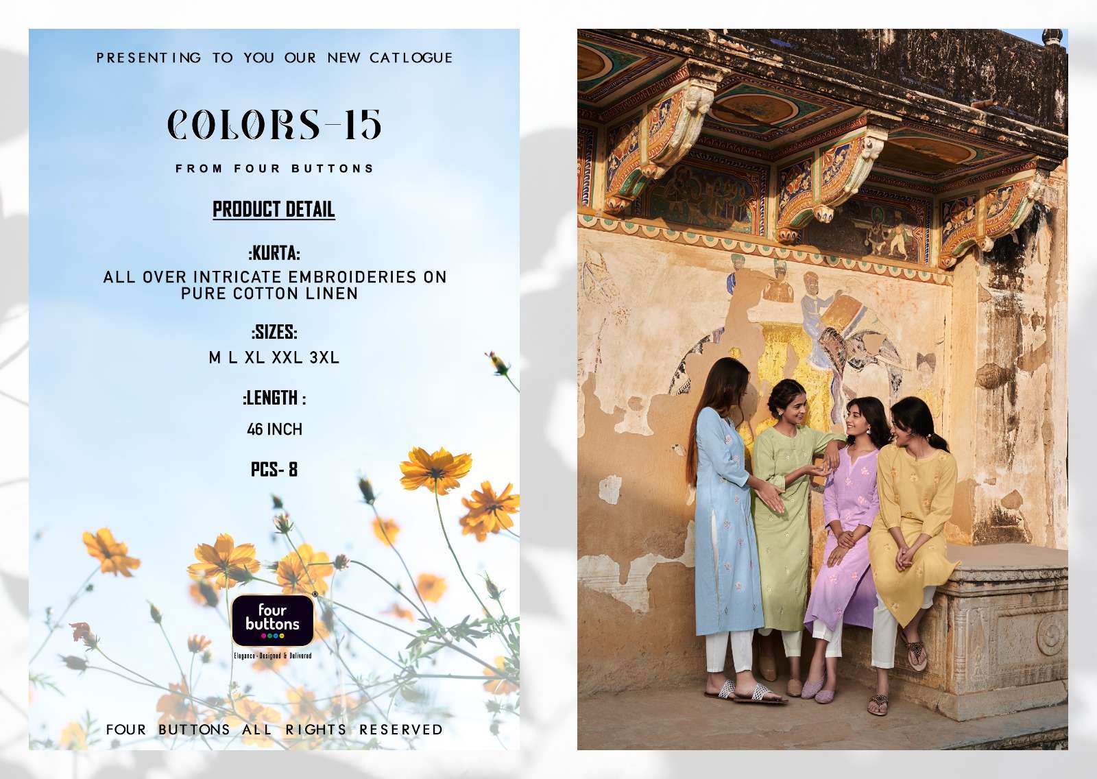 four buttons colors vol-15 3231-3238 series pure cotton linen kurti latest catalogue 2023