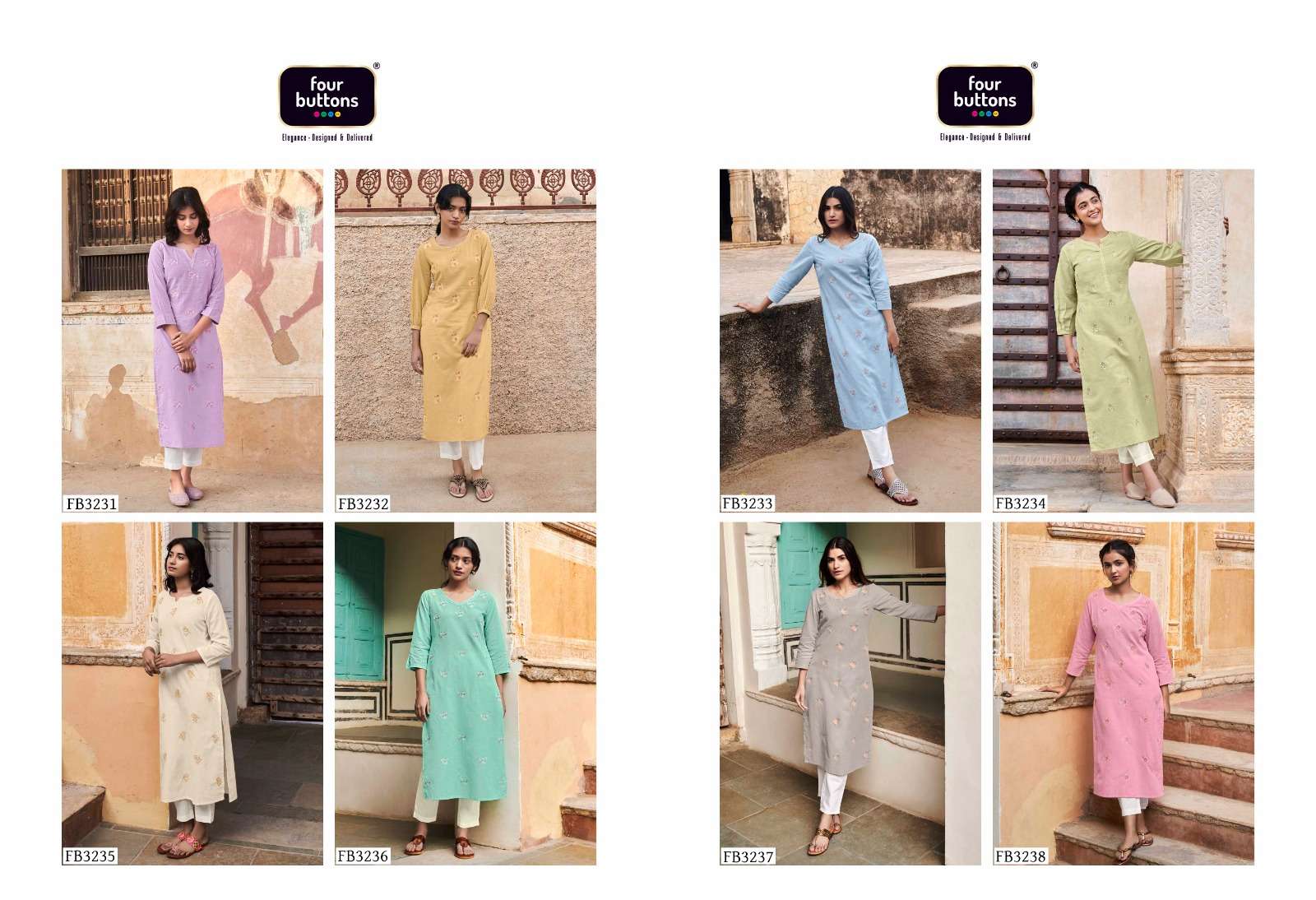 four buttons colors vol-15 3231-3238 series pure cotton linen kurti latest catalogue 2023