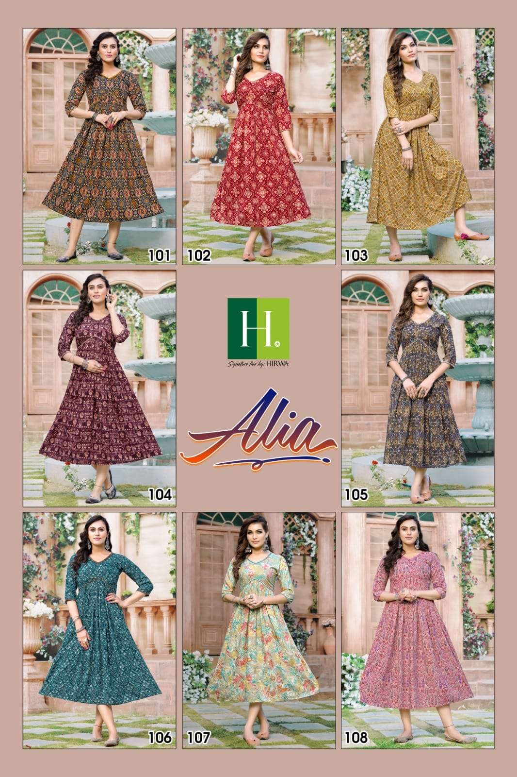 hirwa alia 101-108 series fancy look designer kurtis catalogue wholesale price surat