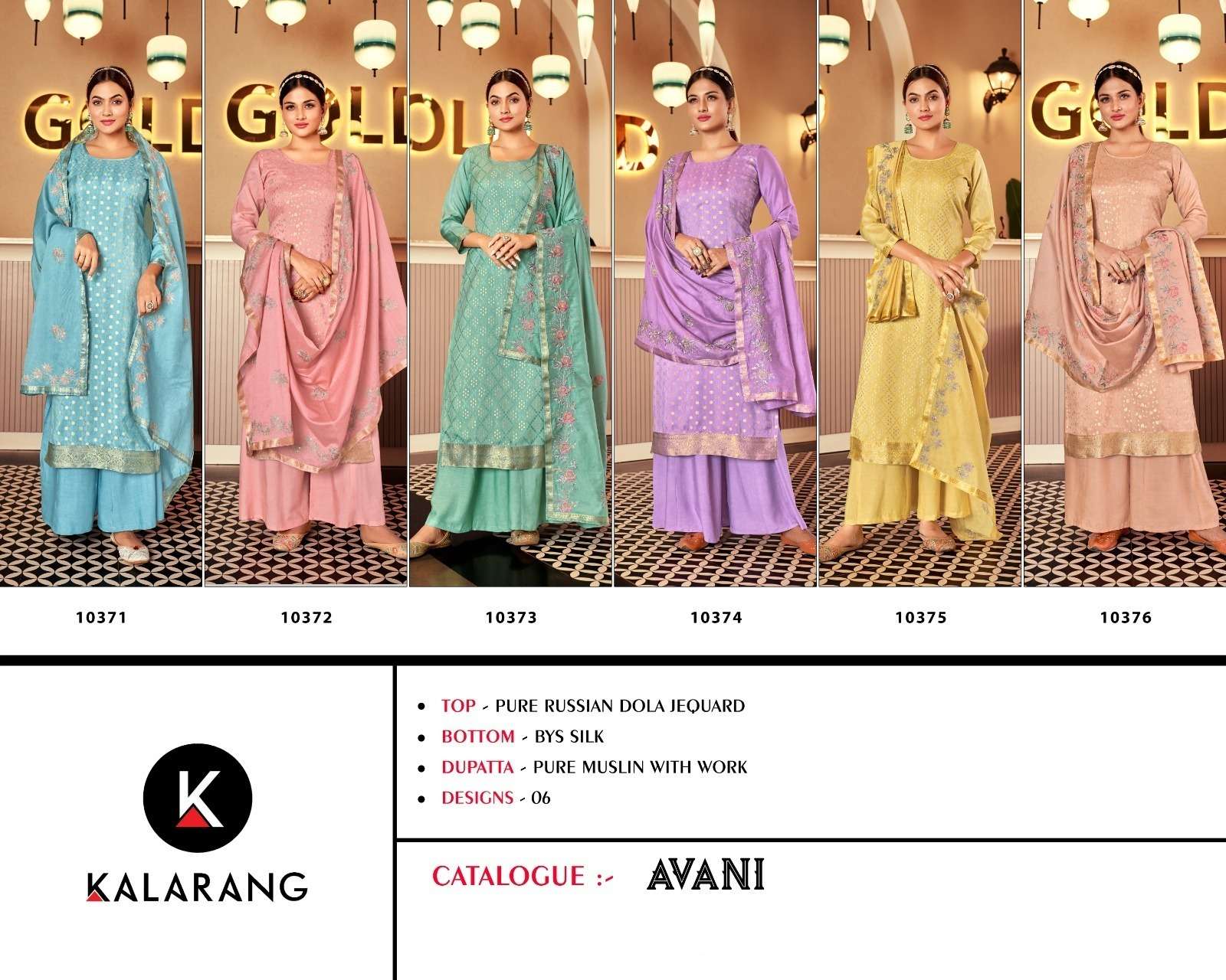 kalarang avani 10371-10376 series stylish look designer salwar suits catalogue online wholesaler surat 