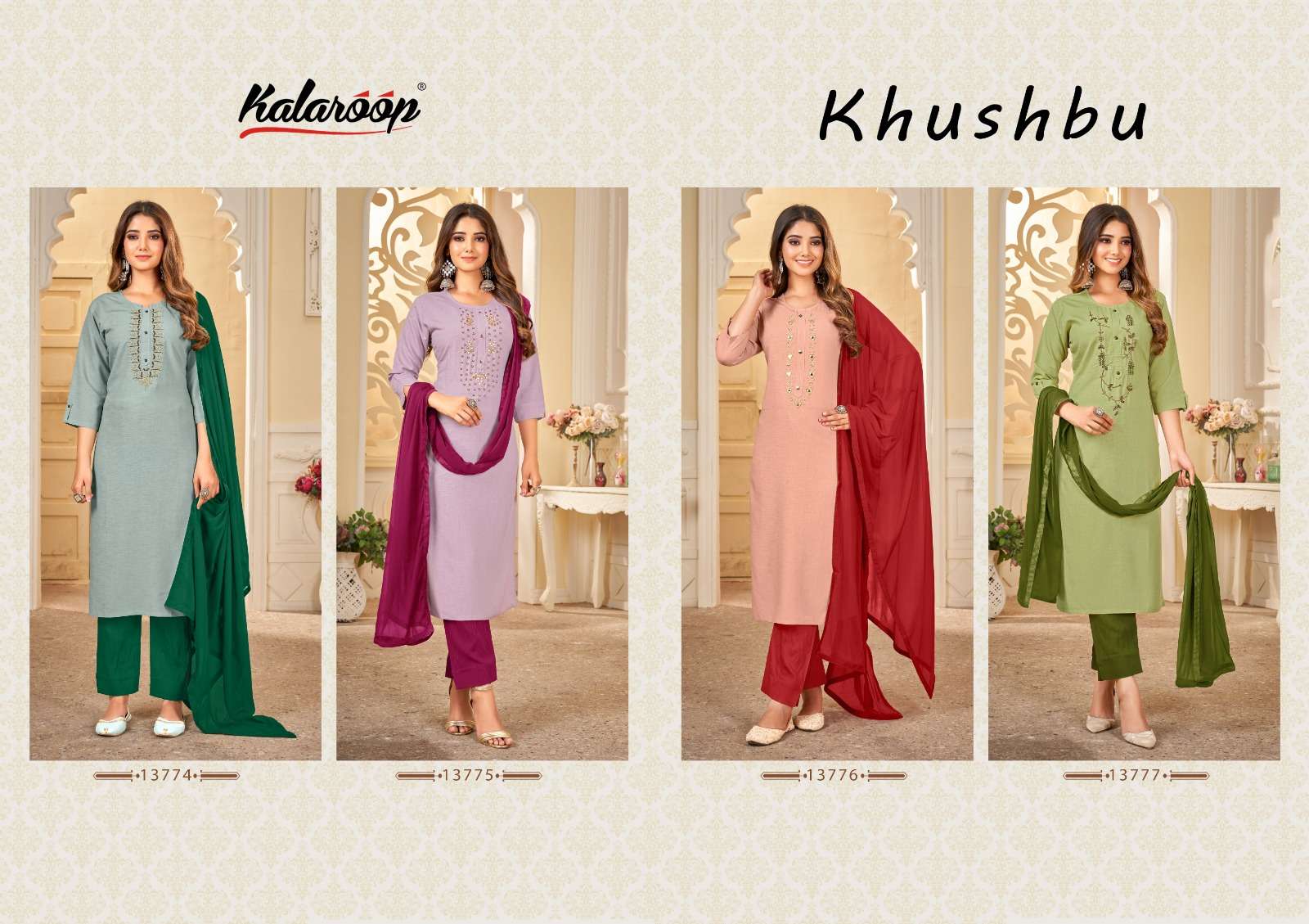 kalaroop khushbu 13774-13777 series fancy designer kurtis catalogue manufacturer surat 