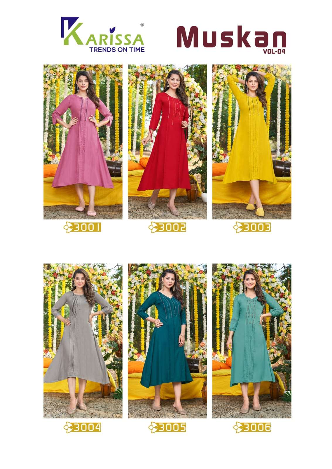 karissa trends muskan vol-4 3001-3006 series premium rayon designer kurtis catalogue online supplier surat