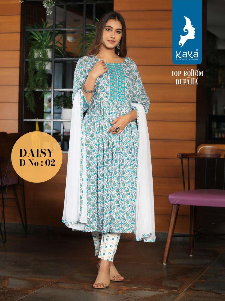kaya daisy 01-08 series premium rayon nyra cut kurtis bottom with dupatta set wholesale price surat