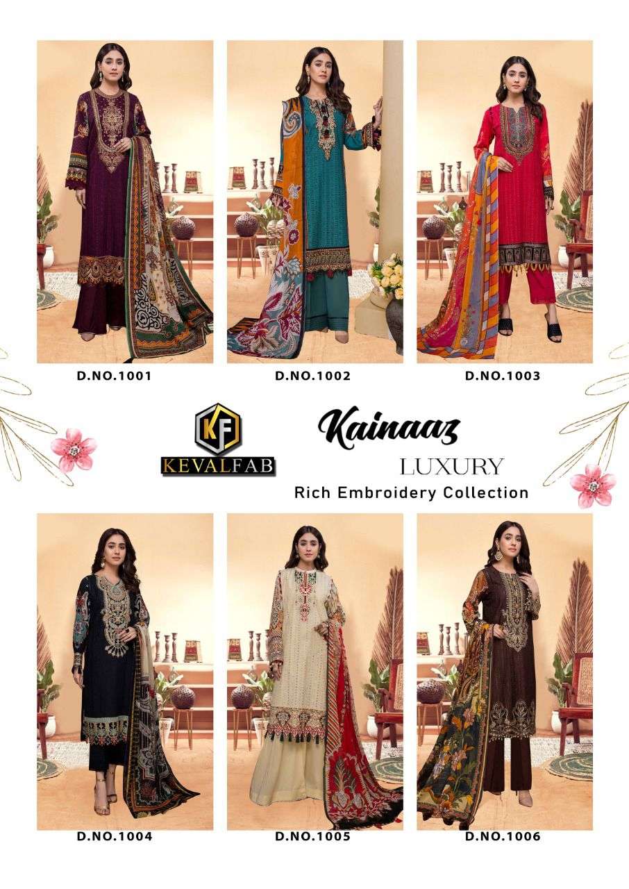 keval fab kainaaz 1001-1006 series unstich designer pakistani salwar kameez catalogue wholesaler surat 