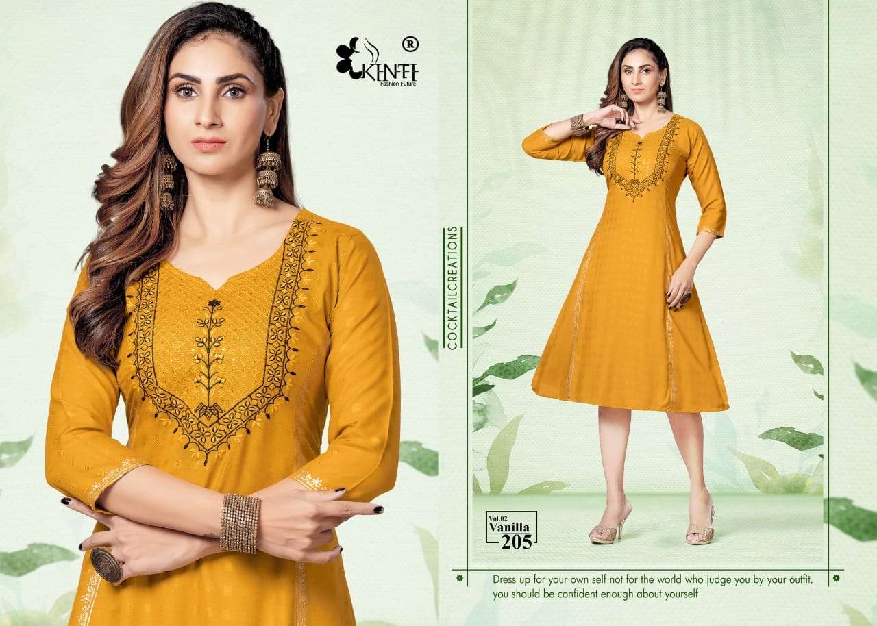 kinti fashion vanilla vol-2 201-206 series fancy rayon fabric designer kurtis online supplier surat