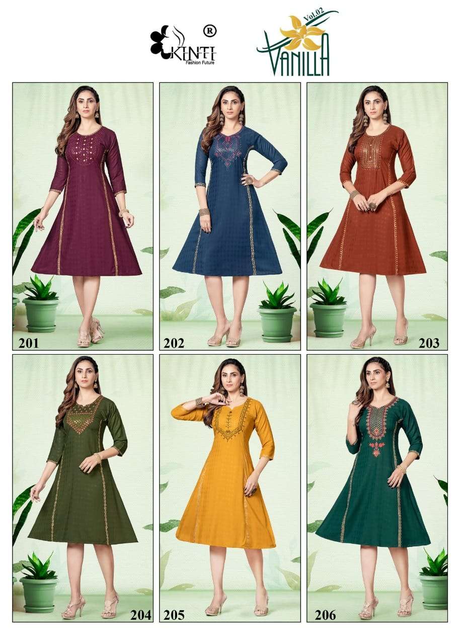 kinti fashion vanilla vol-2 201-206 series fancy rayon fabric designer kurtis online supplier surat