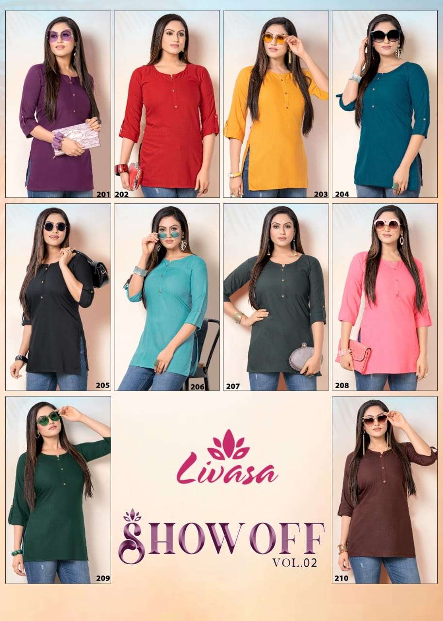 livasa by show off vol 2 201-210 series heavy reyon short kurti collection online shopping best price surat 