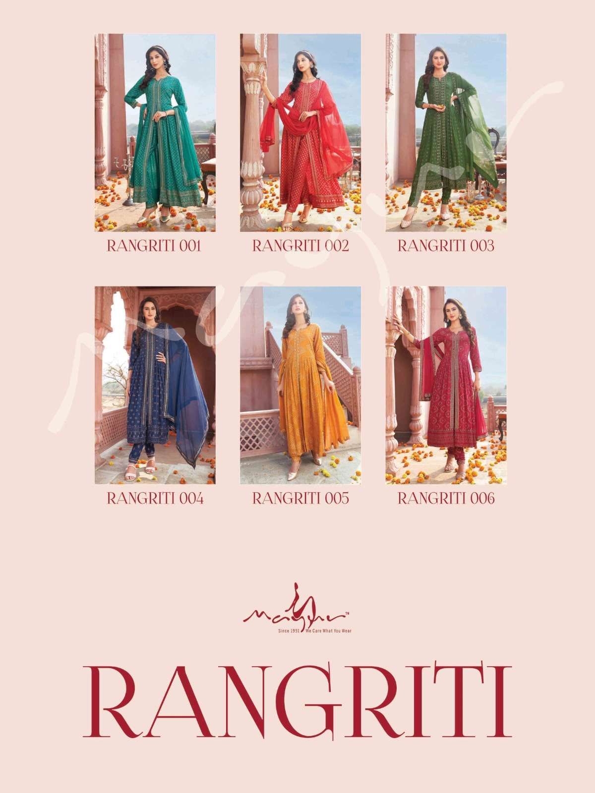 mayur creation rangriti 001-006 series stylish designer kurti catalogue wholesale price surat 