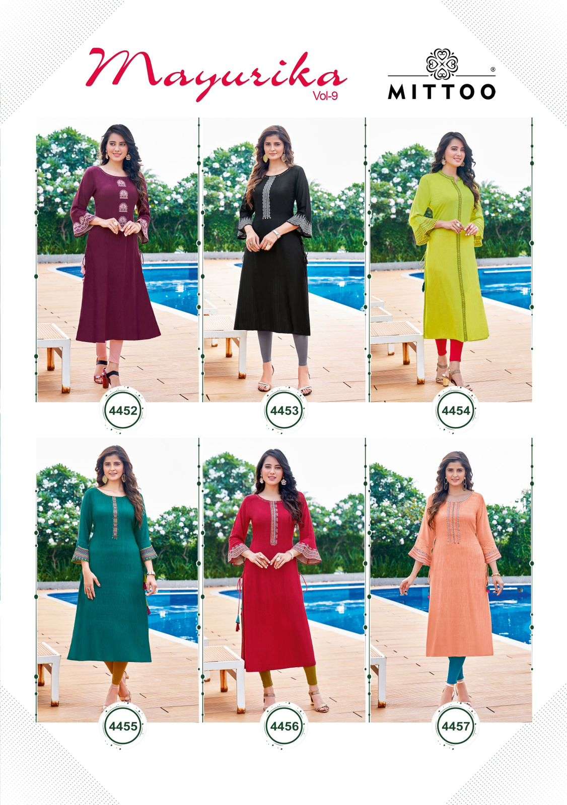 mittoo mayurika vol-9 4452-4457 series rayon designer kurtis catalogue online dealer surat 