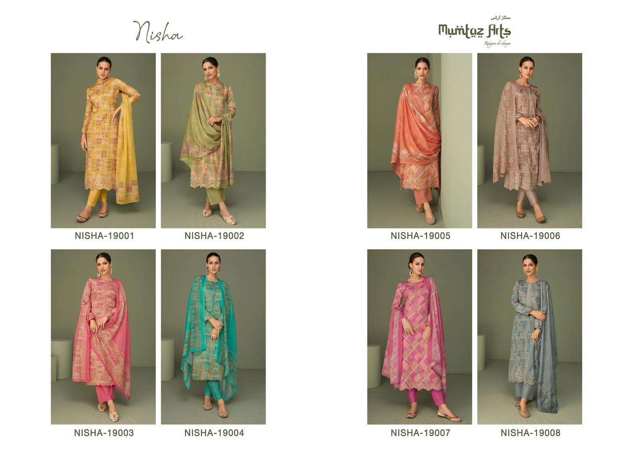 mumtaz arts nisha 19001-19008 series stylish designer salwar kameez catalogue manufacturer surat