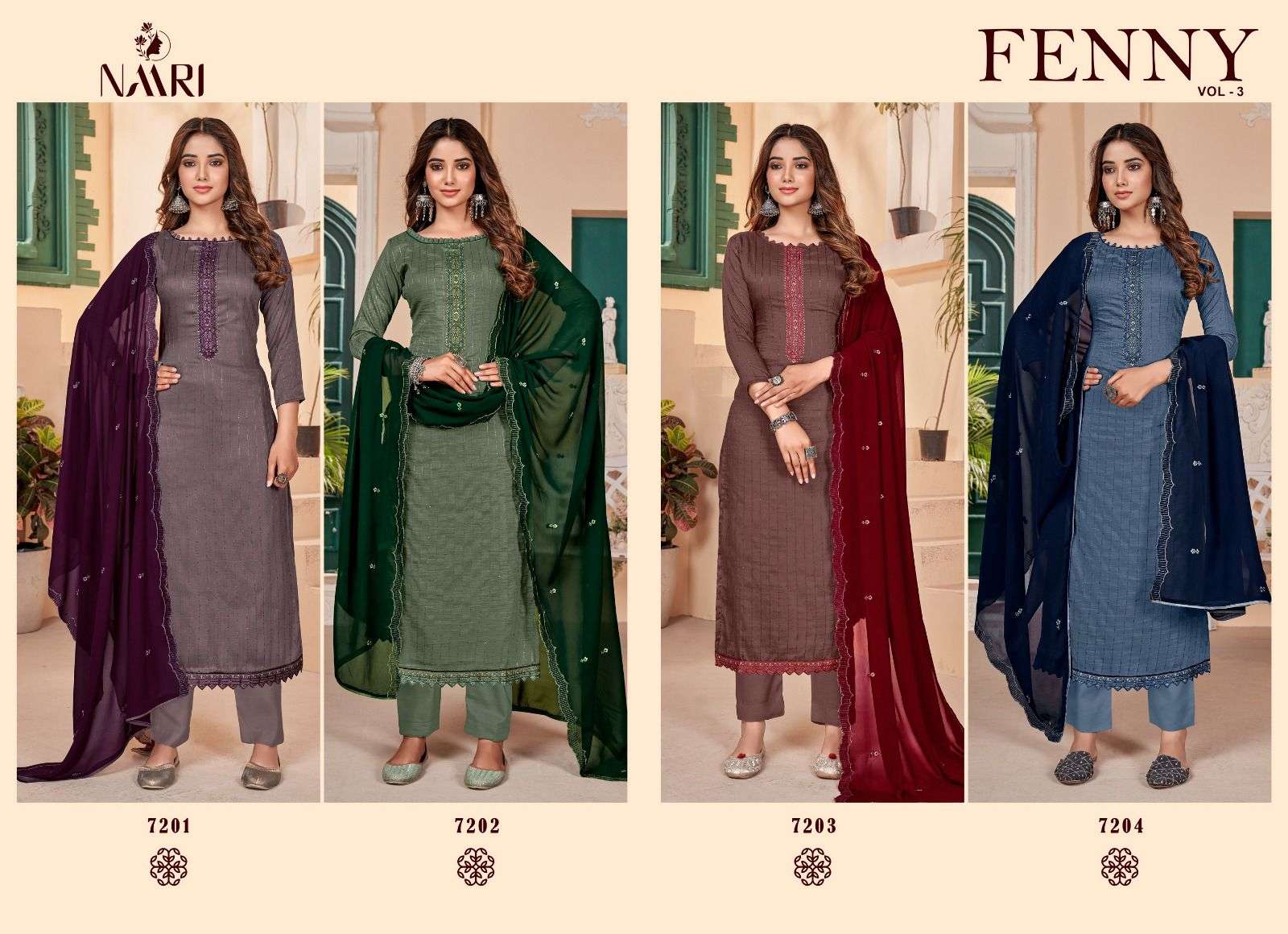 naari fenny vol 3 7201-7204 series designer pure silk salwar suits online shopping surat