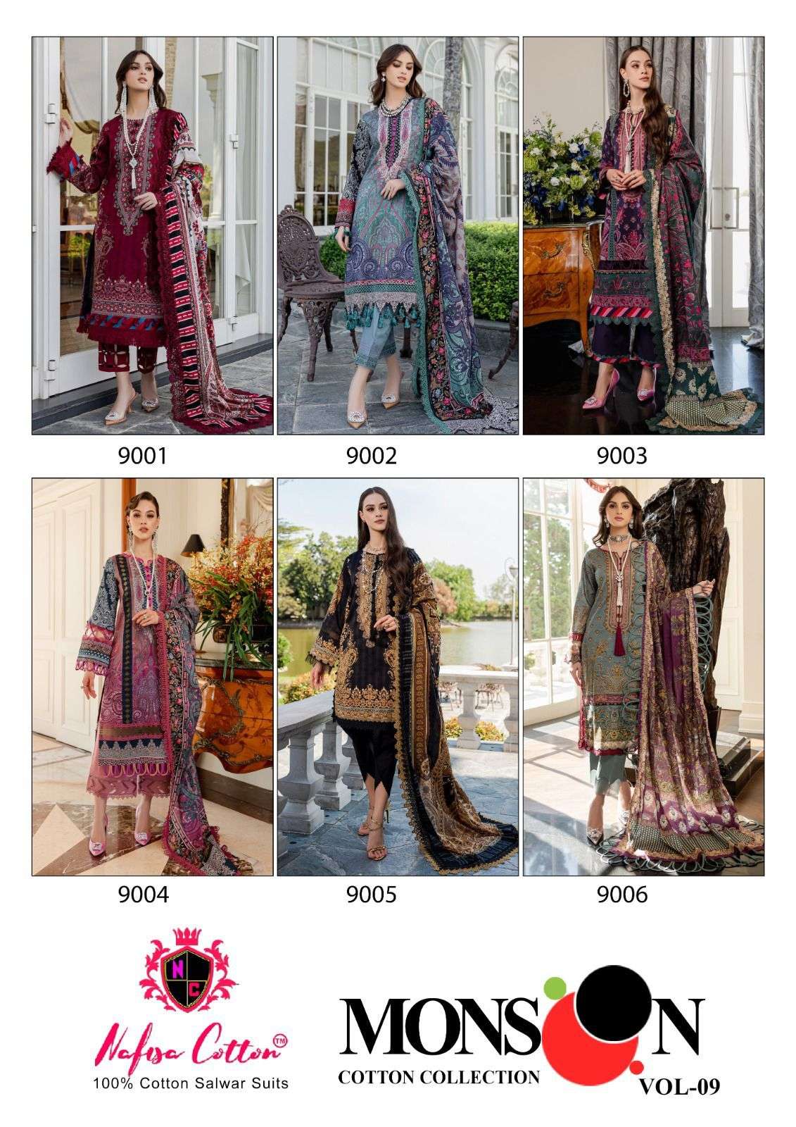 nafisa cotton monsoon vol-9 9001-9006 series pure cotton designer pakistani salwar suits in surat 